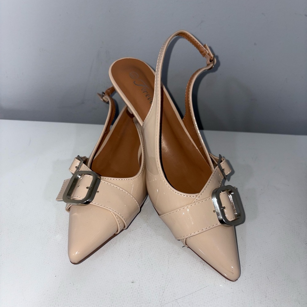 Forever 21 Beige Slingback Heels with Metallic Buckle, pointed toe sandal